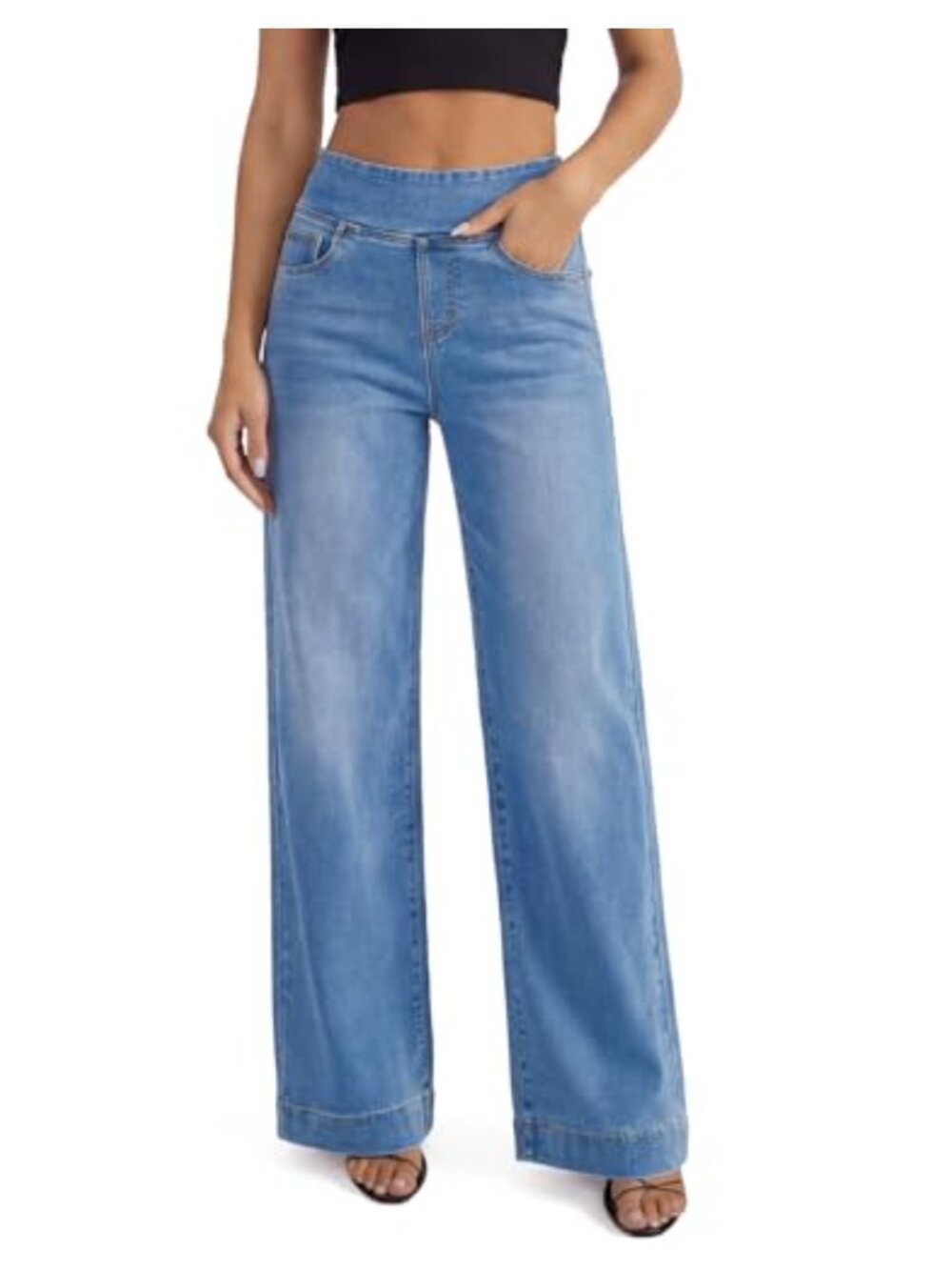 Pull On Wide Leg Jeans High Waisted Stretchy Cotton Blend Denim Pants